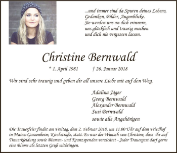 Traueranzeige von Christine Bernwald von Trauerportal Rhein Main Presse