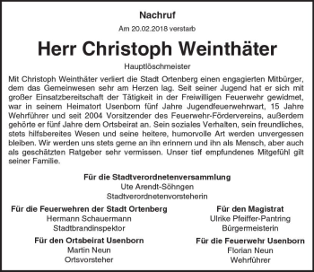 Traueranzeige von Christoph Weinthäter von  Kreisanzeiger