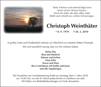 Traueranzeige von Christoph Weinthäter von  Kreisanzeiger