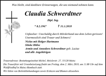 Traueranzeige von Claudia Schwerdtner von Trauerportal Rhein Main Presse