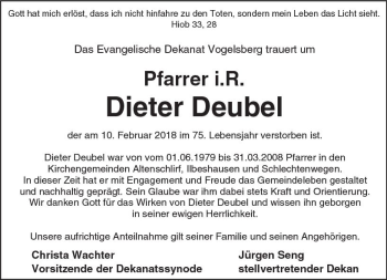 Traueranzeige von Dieter Deubel von VRM Trauer
