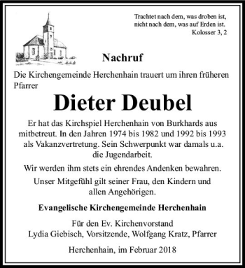 Traueranzeige von Dieter Deubel von VRM Trauer