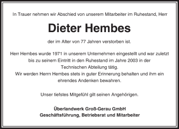 Traueranzeige von Dieter Hembes von Trauerportal Rhein Main Presse