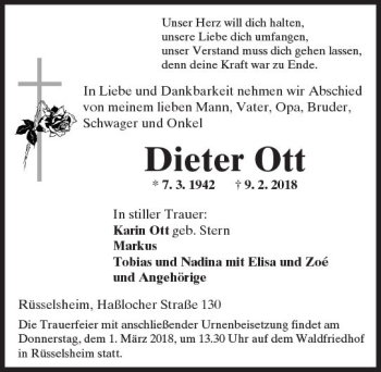 Traueranzeige von Dieter Ott von Trauerportal Rhein Main Presse