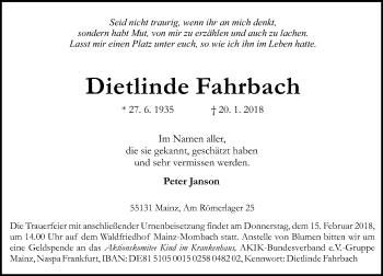 Traueranzeige von Dietlinde Fahrbach von Trauerportal Rhein Main Presse