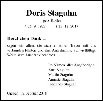 Traueranzeige von Doris Staguhn von  Gießener Anzeiger