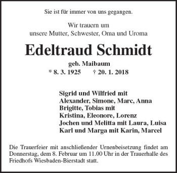 Traueranzeige von Edeltraud Schmidt von Trauerportal Rhein Main Presse