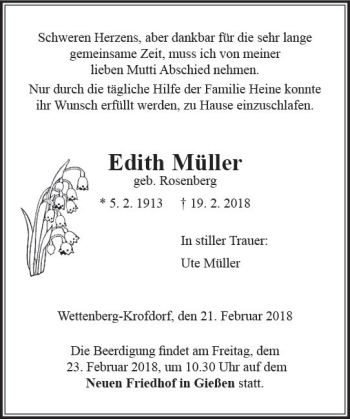 Traueranzeige von Edith Müller von  Gießener Anzeiger