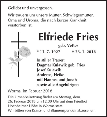 Traueranzeige von Elfriede Fries von Trauerportal Rhein Main Presse