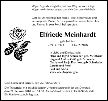 Traueranzeige von Elfriede Meinhardt von  Kreisanzeiger