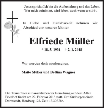 Traueranzeige von Elfriede Müller von Trauerportal Rhein Main Presse