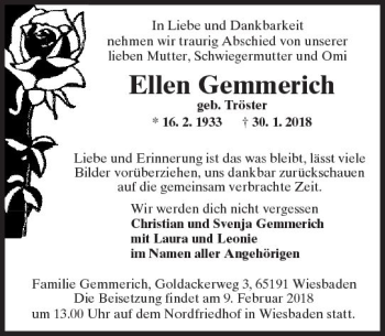 Traueranzeige von Ellen Gemmerich von Trauerportal Rhein Main Presse