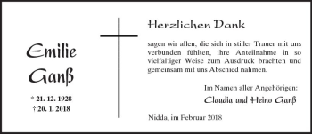 Traueranzeige von Emilie Ganß von  Kreisanzeiger