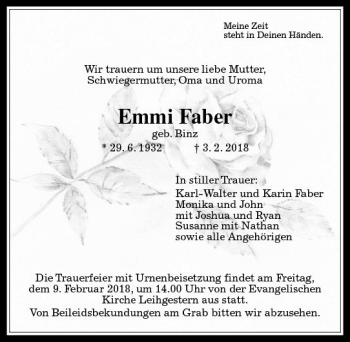 Traueranzeige von Emmi Faber von  Gießener Anzeiger
