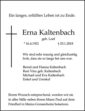 Traueranzeige von Erna Kaltenbach von Trauerportal Rhein Main Presse
