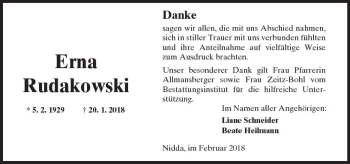 Traueranzeige von Erna Rudakowski von  Kreisanzeiger