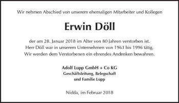 Traueranzeige von Erwin Döll von  Kreisanzeiger