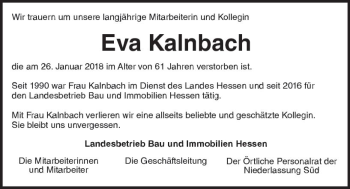 Traueranzeige von Eva Kalnbach von Trauerportal Rhein Main Presse