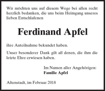 Traueranzeige von Ferdinand Apfel von  Kreisanzeiger
