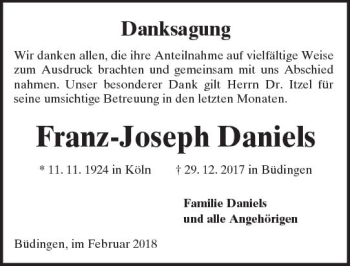 Traueranzeige von Franz-Joseph Daniels von  Kreisanzeiger