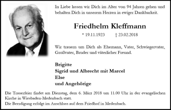 Traueranzeige von Friedhelm Kleffmann von Trauerportal Rhein Main Presse