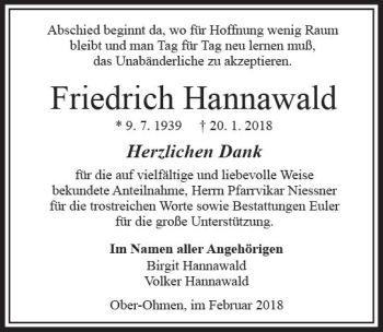 Traueranzeige von Friedrich Hannawald von VRM Trauer