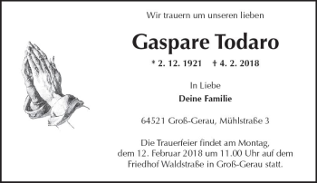 Traueranzeige von Gaspare Todaro von Trauerportal Rhein Main Presse