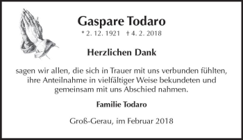 Traueranzeige von Gaspare Todaro von Trauerportal Rhein Main Presse