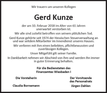 Traueranzeige von Gerd Kunze von Trauerportal Rhein Main Presse