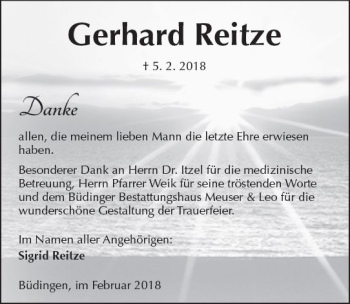 Traueranzeige von Gerhard Reitze von  Kreisanzeiger