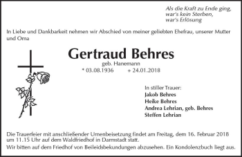 Traueranzeige von Gertraud Behres von Trauerportal Rhein Main Presse