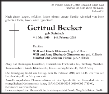 Traueranzeige von Gertrud Becker von Trauerportal Rhein Main Presse