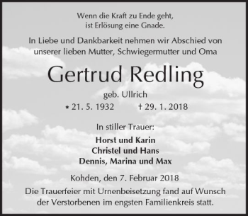 Traueranzeige von Gertrud Redling von  Kreisanzeiger