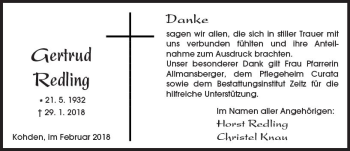Traueranzeige von Gertrud Redling von  Kreisanzeiger
