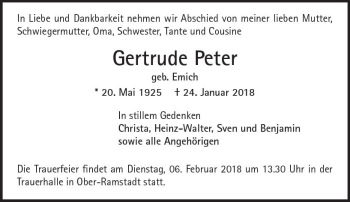 Traueranzeige von Gertrude Peter von Trauerportal Rhein Main Presse