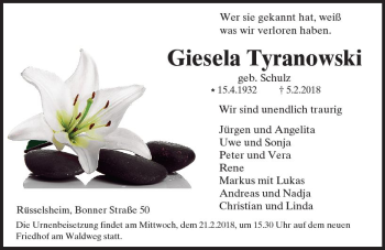 Traueranzeige von Giesela Tyranowski von Trauerportal Rhein Main Presse