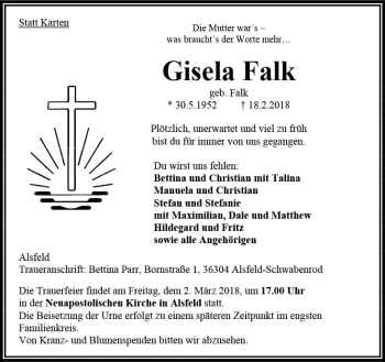 Traueranzeige von Gisela Falk von VRM Trauer