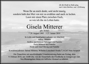 Traueranzeige von Gisela Mitterer von  Usinger Anzeiger