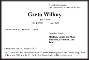 Traueranzeige von Greta Willie von  Kreisanzeiger