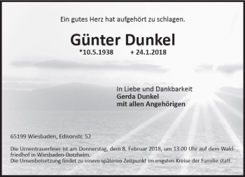Traueranzeige von Günter Dunkel von Trauerportal Rhein Main Presse