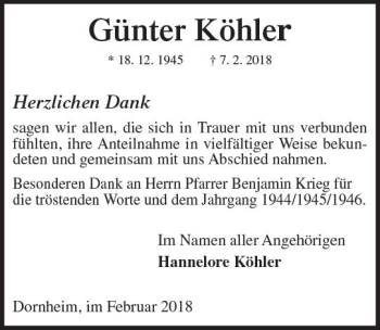 Traueranzeige von Günter Köhler von Trauerportal Rhein Main Presse