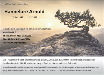 Traueranzeige von Hannelore Arnold von Trauerportal Rhein Main Presse