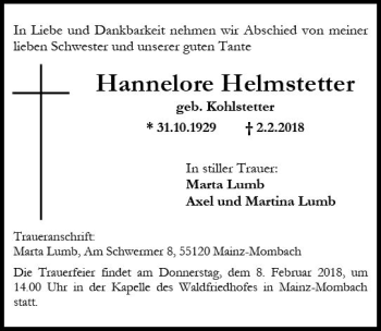 Traueranzeige von Hannelore Helmstetter von Trauerportal Rhein Main Presse