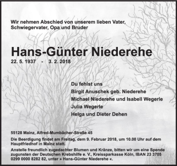 Traueranzeige von Hans-Günter Niederehe von Trauerportal Rhein Main Presse
