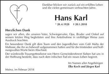 Traueranzeige von Hans Karl von Trauerportal Rhein Main Presse