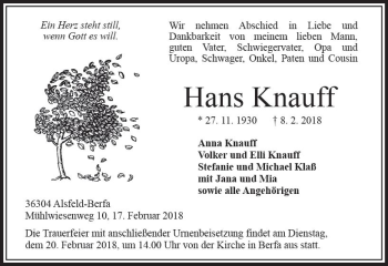 Traueranzeige von Hans Knauff von VRM Trauer