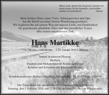 Traueranzeige von Hans Martikke von  Camberger Anzeiger