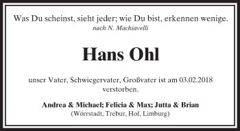 Traueranzeige von Hans Ohl von Trauerportal Rhein Main Presse