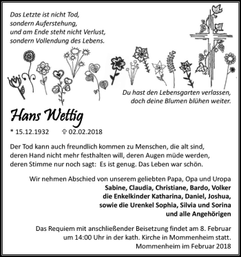 Traueranzeige von Hans Wettig von Trauerportal Rhein Main Presse