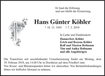 Traueranzeige von Hans Günter Köhler von Trauerportal Rhein Main Presse